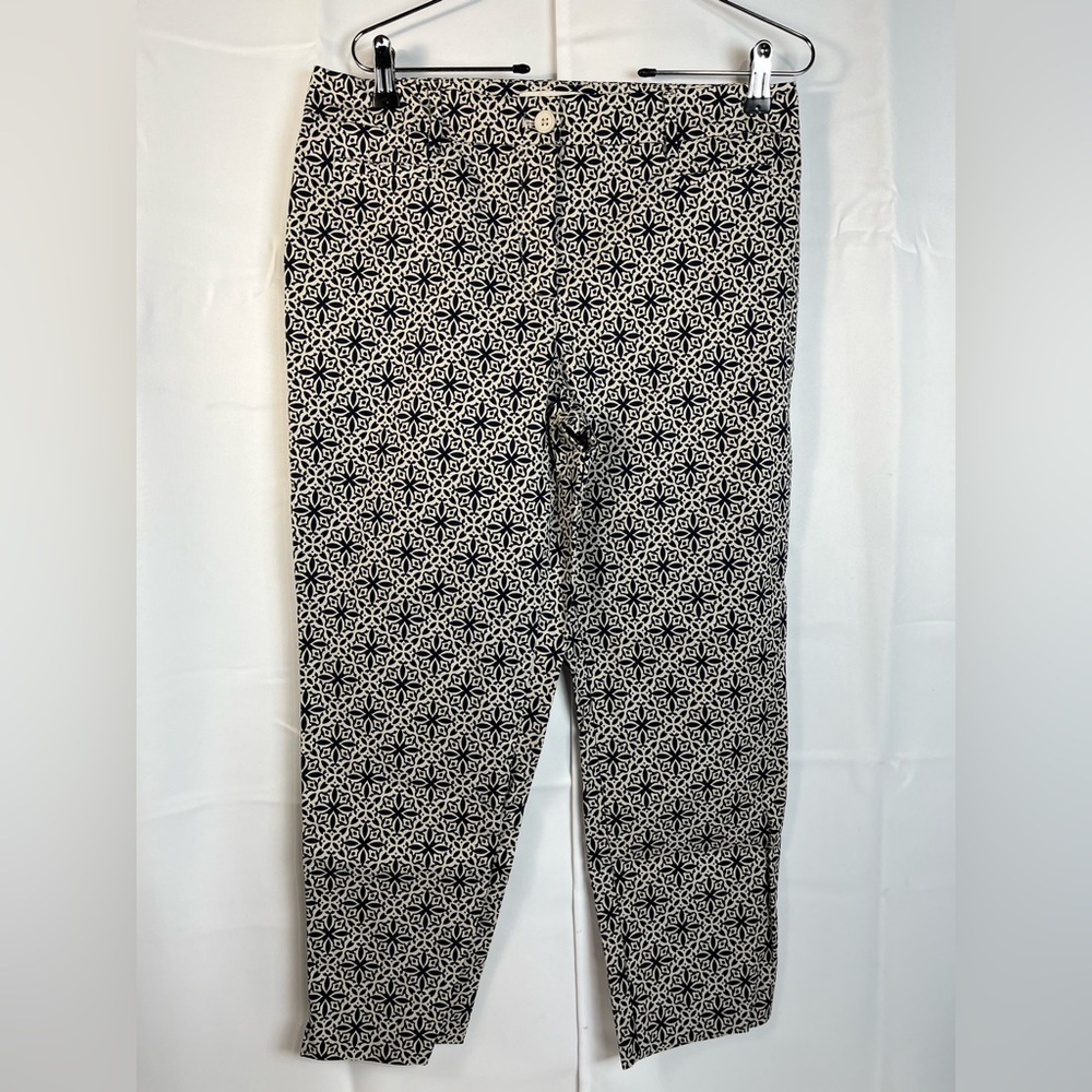 Talbots Womens Cotton Stretch Geometric Print Beige Navy Blue Ankle Pants Sz 10